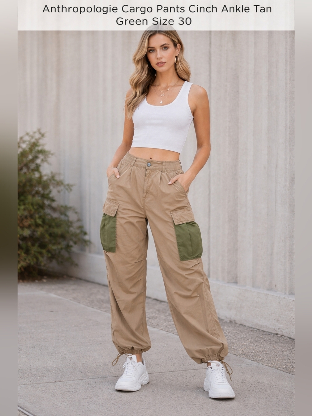 Anthropologie Cargo Pants Size 30 Tan Green Cinch Ankle Utility Pockets